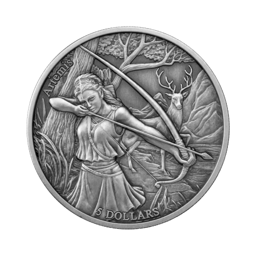 2 troy ounce zilveren munt de 12 olympiers in de dierenriem – Artemis vs Sagittarius voorkant