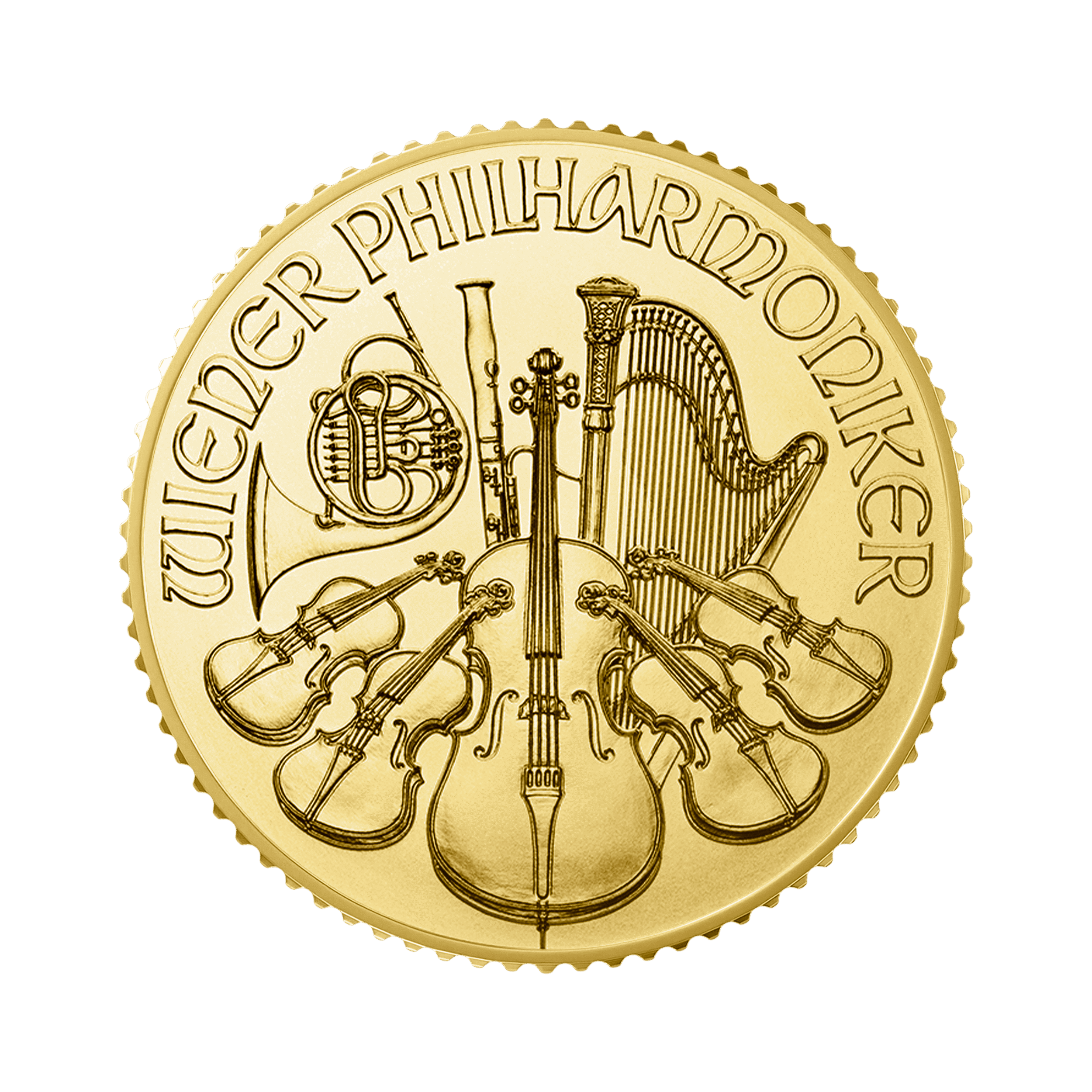 Gouden 1/10 troy ounce Wiener Philharmoniker munt 2025 voorkant