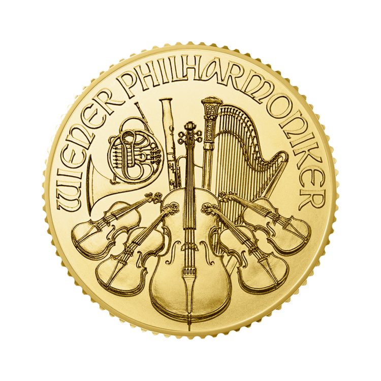 Gouden 1/10 troy ounce Wiener Philharmoniker munt 2025 voorkant