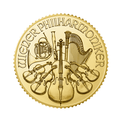 Gouden 1/10 troy ounce Wiener Philharmoniker munt 2025 voorkant