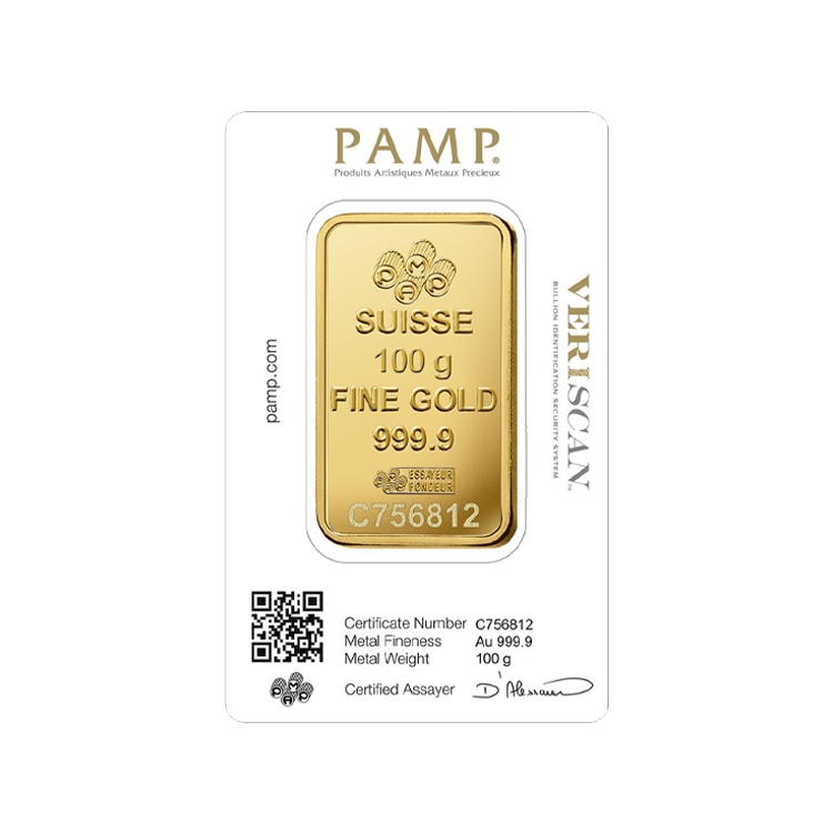 100 gram goudbaar van Pamp Suisse achterkant