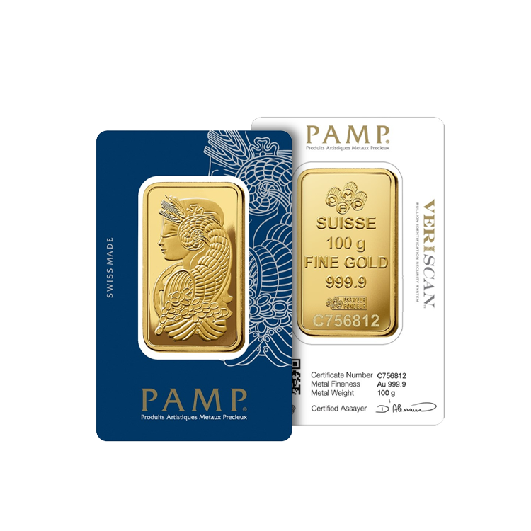 100 gram goudbaar van Pamp Suisse perspectief 1