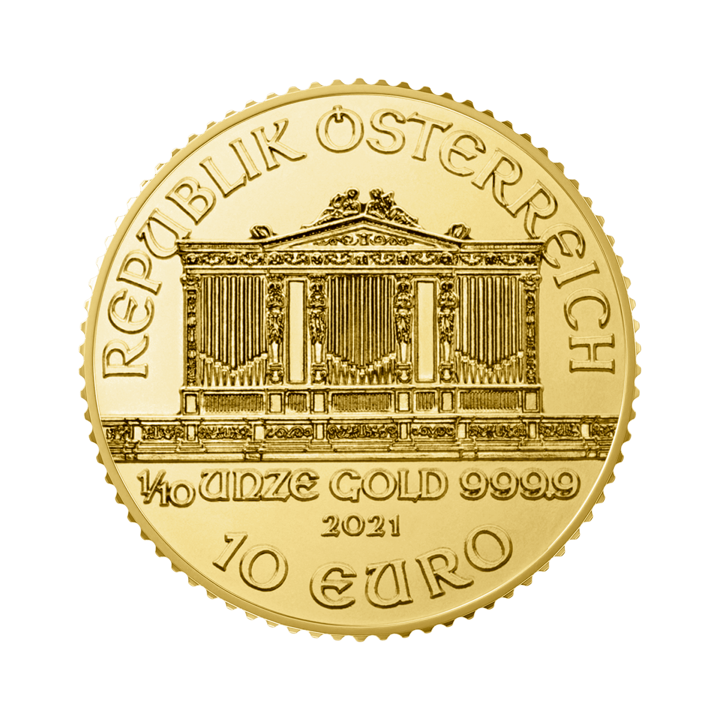 Gouden 1/10 troy ounce Wiener Philharmoniker munt 2025 achterkant
