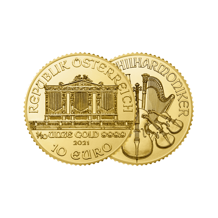 Gouden 1/10 troy ounce Wiener Philharmoniker munt 2025 perspectief 1