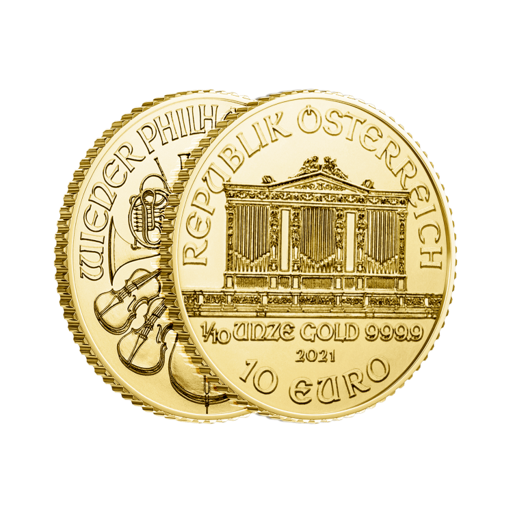 Gouden 1/10 troy ounce Wiener Philharmoniker munt 2025 perspectief 2