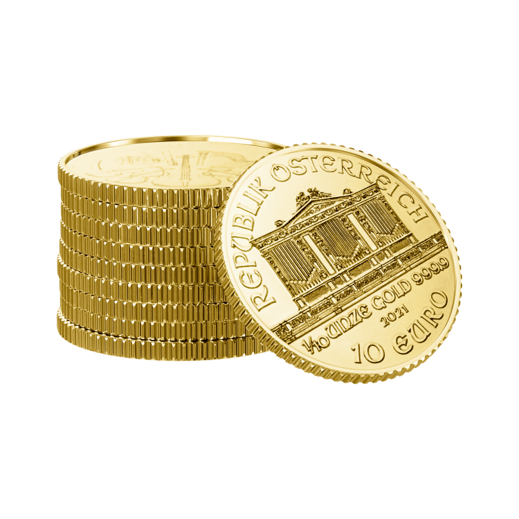 Gouden 1/10 troy ounce Wiener Philharmoniker munt 2025 perspectief 3