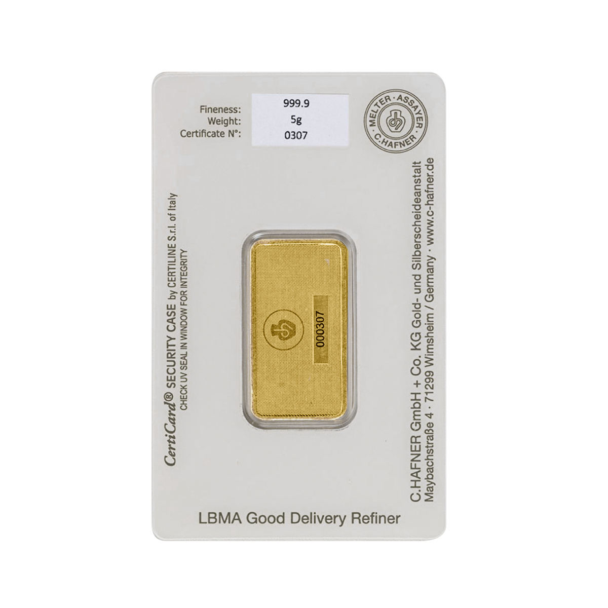 C. Hafner goudbaar 5 gram achterkant