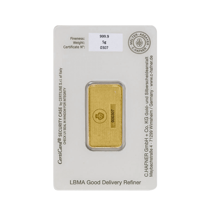 C. Hafner goudbaar 5 gram achterkant