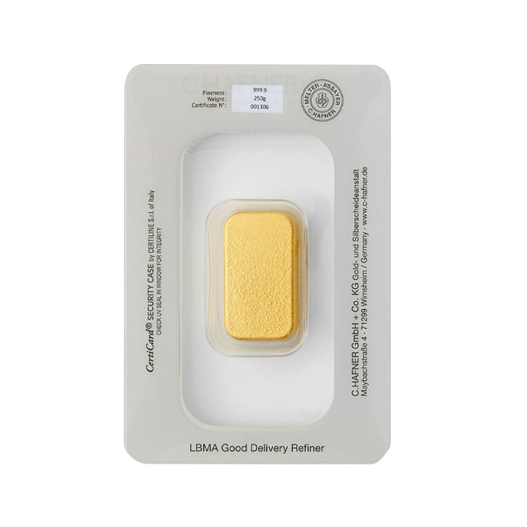 Achterkant 250 gram C. Hafner goudbaar