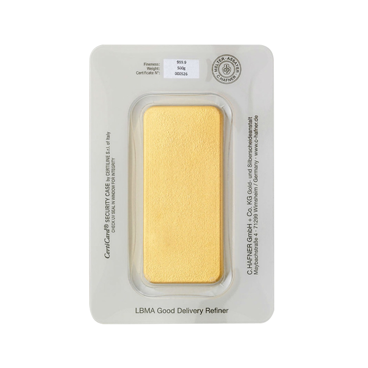 C. Hafner goudbaar 500 gram baarnummer