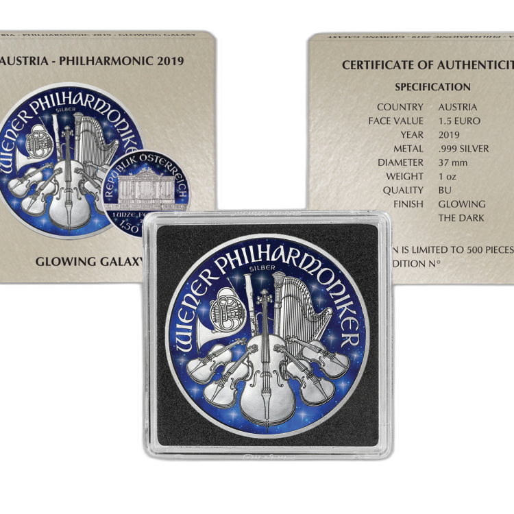 1 Troy ounce zilveren munt Glowing Galaxy Philharmoniker 2019 achterkant