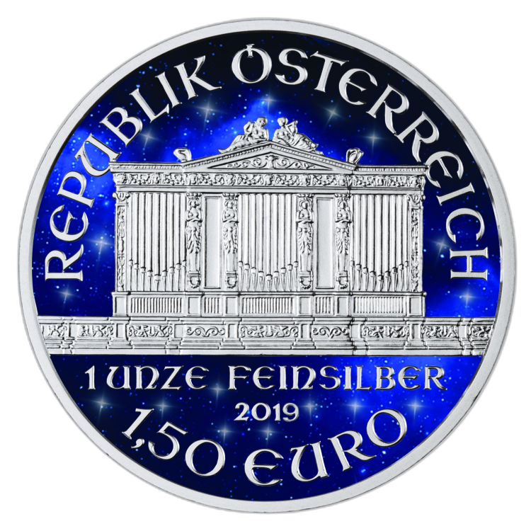 1 Troy ounce zilveren munt Glowing Galaxy Philharmoniker 2019 perspectief 1
