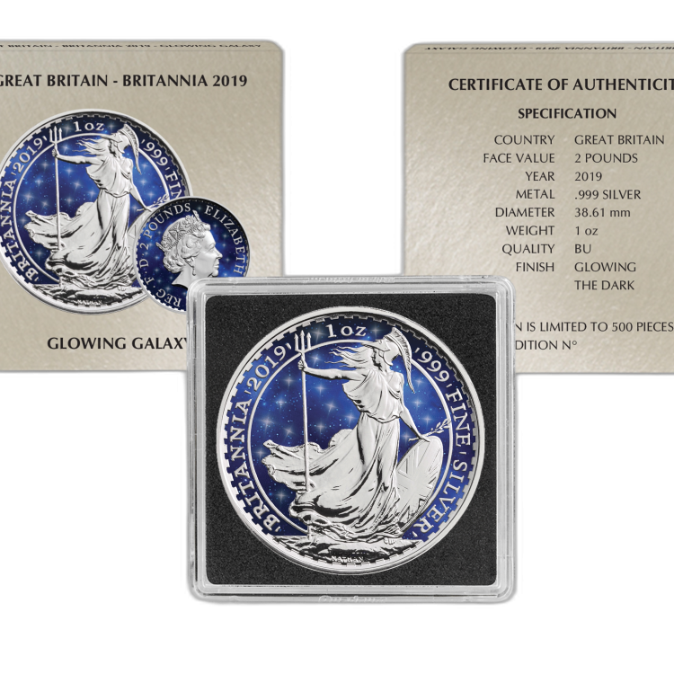1 Troy ounce zilveren munt Glowing Galaxy Britannia 2019 angle 1
