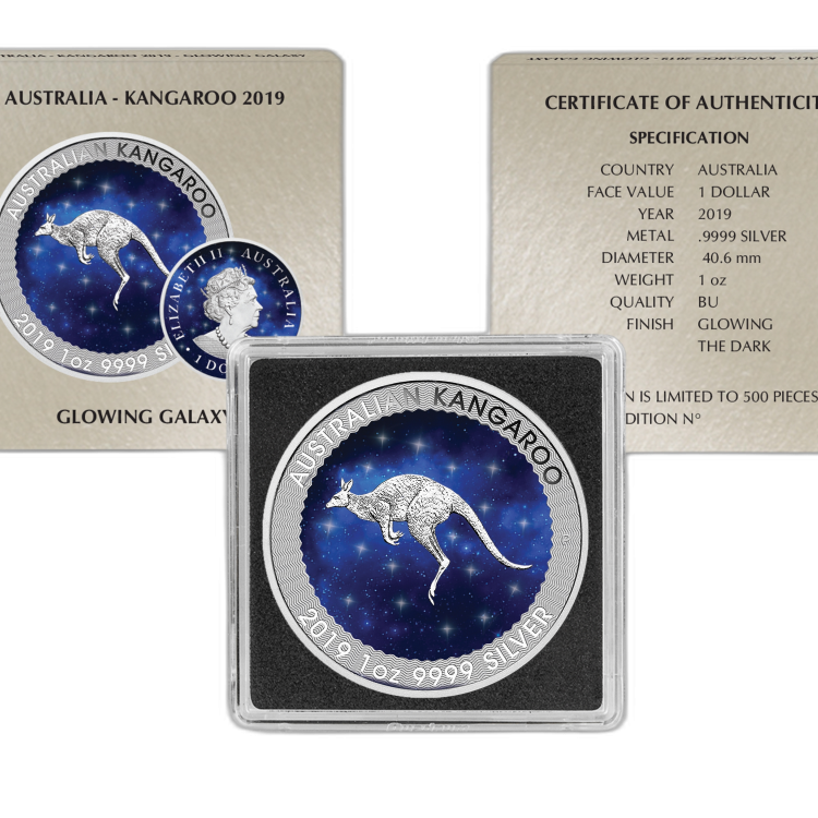 1 Troy ounce zilveren munt Glowing Galaxy Kangaroo 2019 perspectief 1