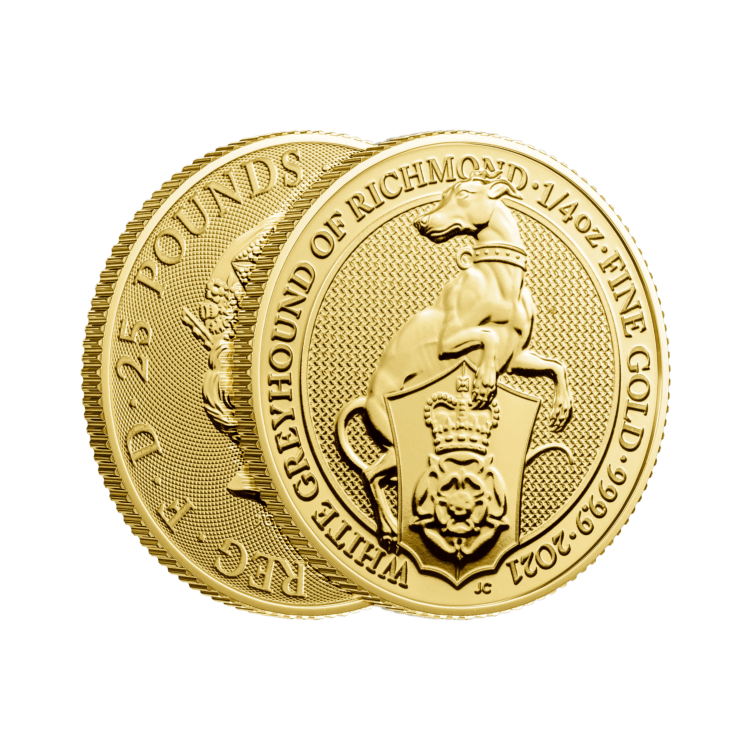 1/4 troy ounce gouden munt Queens Beasts White Greyhound perspectief 1