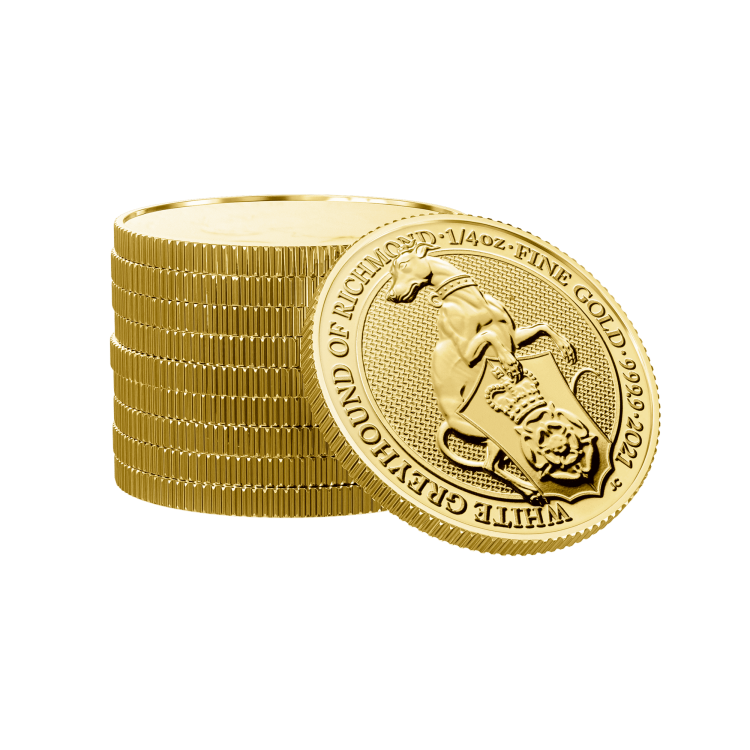1/4 troy ounce gouden munt Queens Beasts White Greyhound perspectief 2