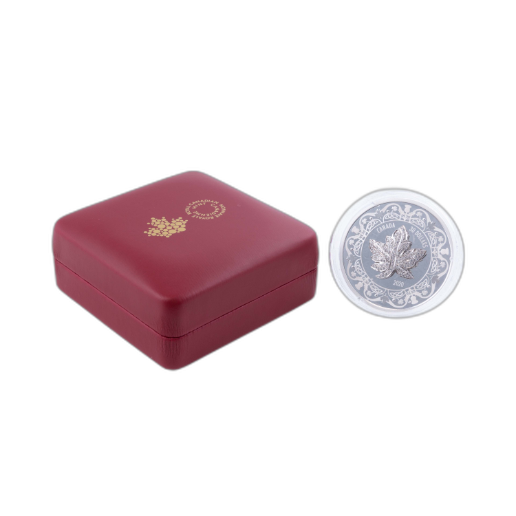 Zilveren munt Maple Leaf Canadese esdoornblad broche legacy 2020 perspectief 3