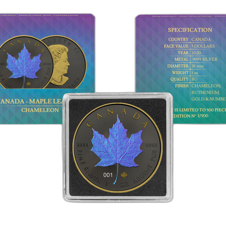 1 troy ounce silver coin Maple Leaf Chameleon 2020 angle 1