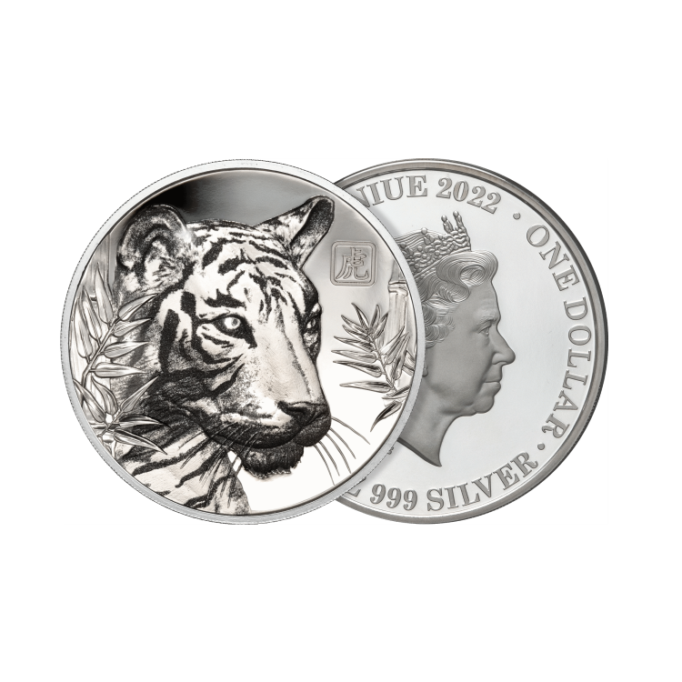1 troy ounce silver coin Lunar tiger 2022 Proof angle 1