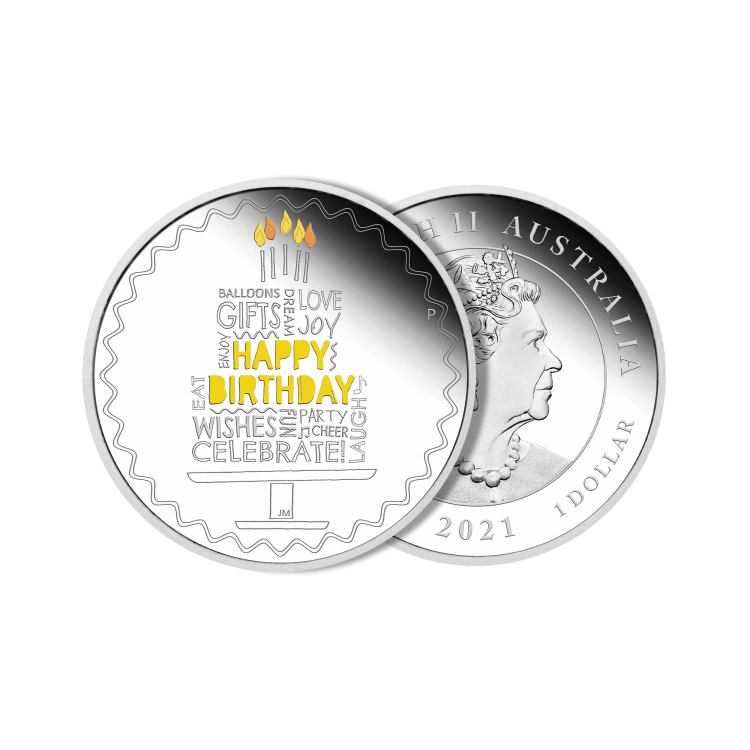 Zilveren Happy Birthday munt met verjaardagsverpakking perspectief 1