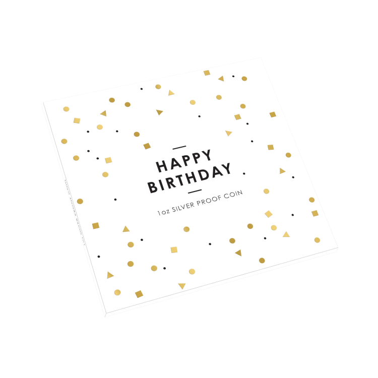 Zilveren Happy Birthday munt met verjaardagsverpakking perspectief 3