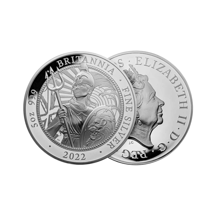 5 troy ounce zilveren munt Britannia 2022 Proof perspectief 1