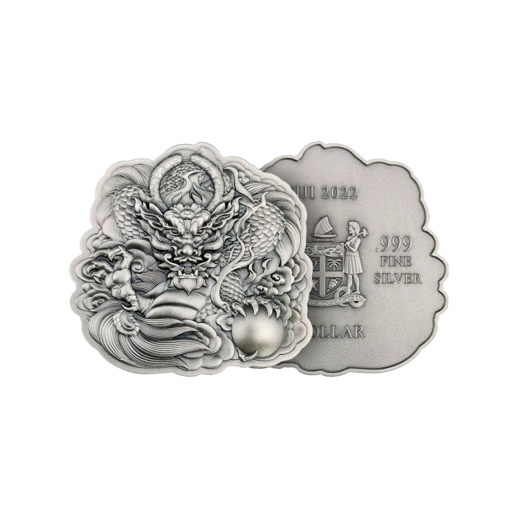 2 troy ounce Silver coin Fiji Dragon Shaped High Relief Antiqued 2022 angle 2