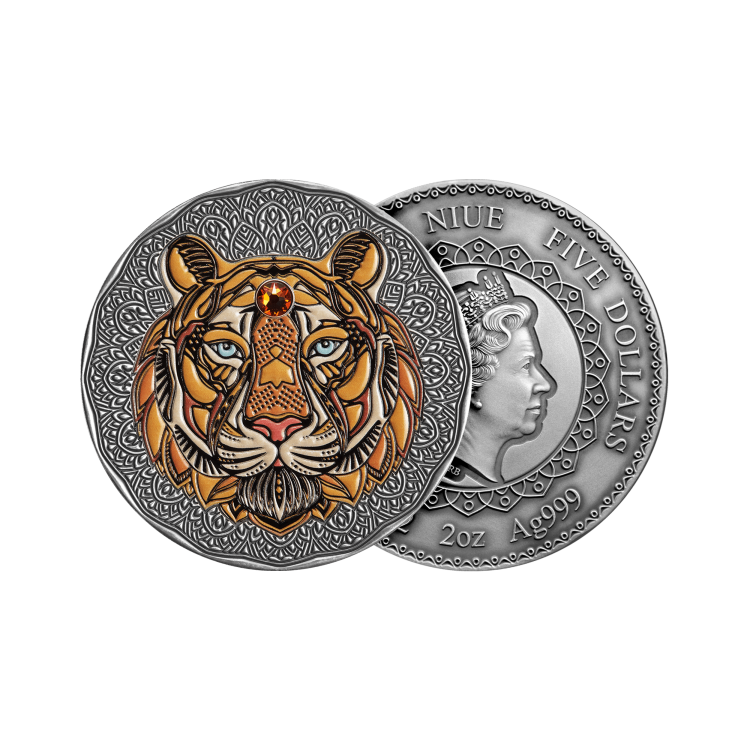 2 troy ounce silver Mandala Tiger coin antique finish 2022 angle 1