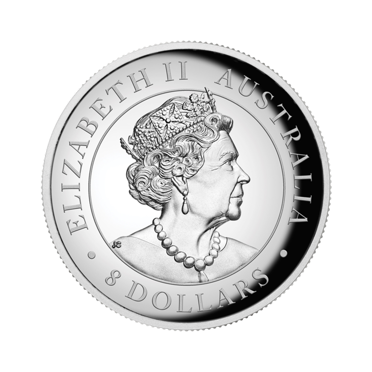 5 troy ounce zilveren Kookaburra Incuse proof 2022 achterkant