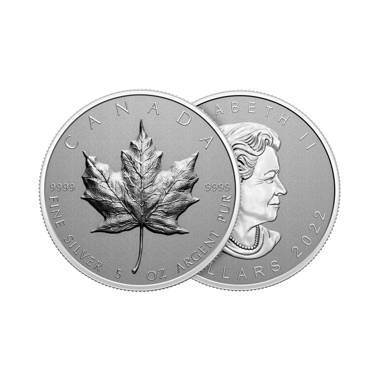 5 troy ounce zilveren munt Ultra High relief Maple Leaf 2022 angle 1