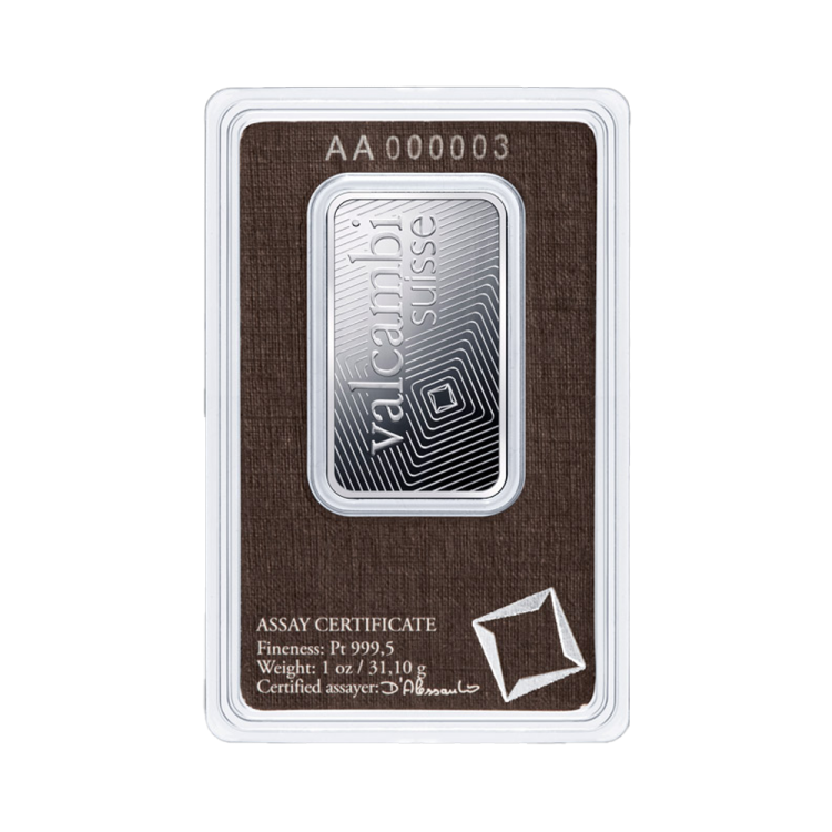 1 Troy ounce platina baar Valcambi btw vrij  - opslag in Zurich achterkant