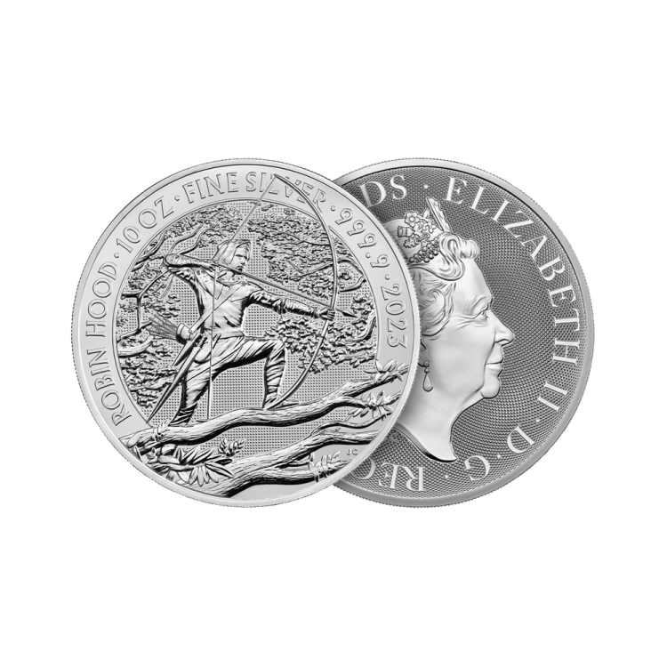 10 troy ounce zilveren munt Robin Hood 2023 perspectief 1