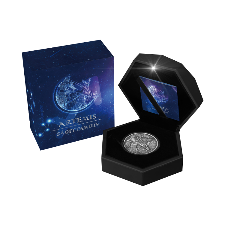 2 troy ounce zilveren munt de 12 olympiers in de dierenriem – Artemis vs Sagittarius perspectief 2