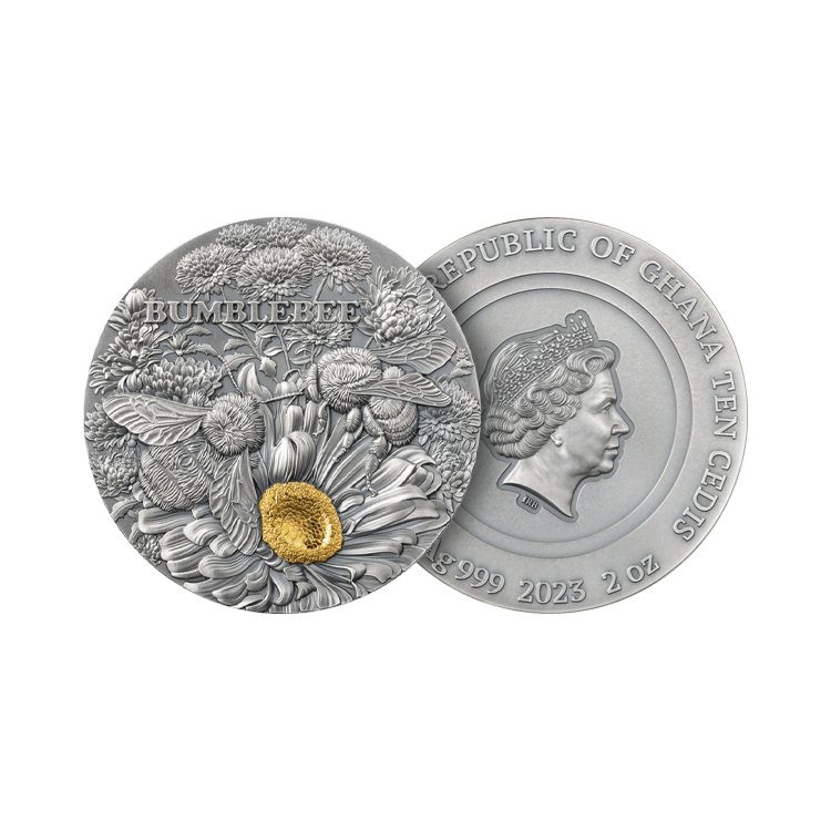 2 troy ounce silver coin Bumblebee antique finish 2023 angle 1