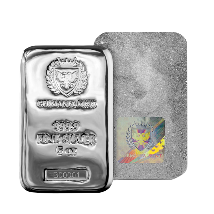 5 troy ounce zilverbaar Germania Mint perspectief 1