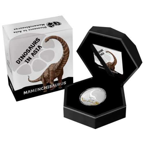 1 troy ounce zilveren munt Dinosauriërs in Azië – Mamenchisaurus voorkant