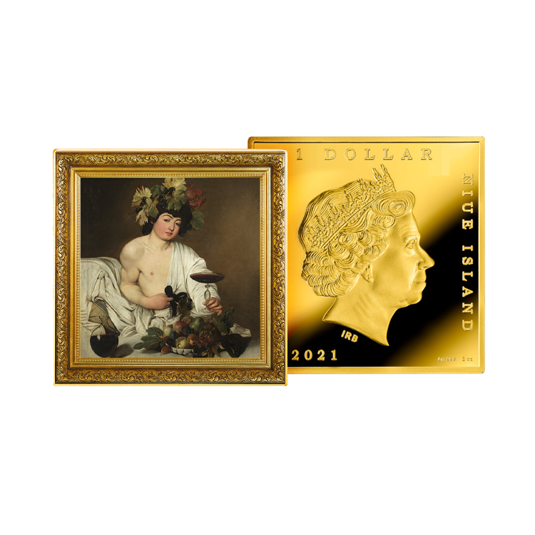 1 troy ounce silver coin Treasures of World Painting - Bacchus 2021 proof angle 1