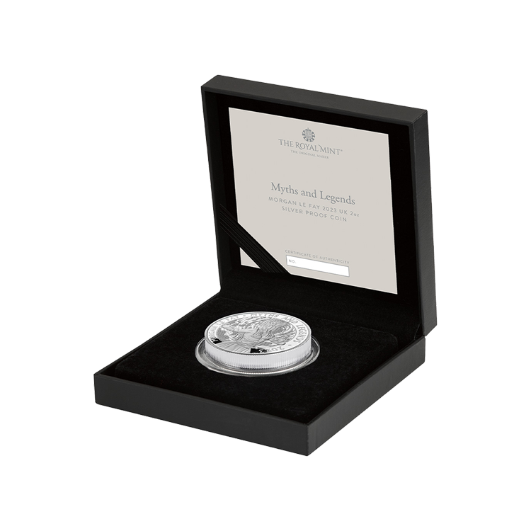 2 troy ounce zilveren Morgan Le Fay proof munt 2023 perspectief 2