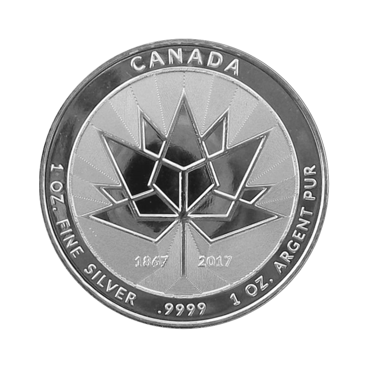 1 troy ounce zilveren 150 jaar Maple Leaf munt voorkant