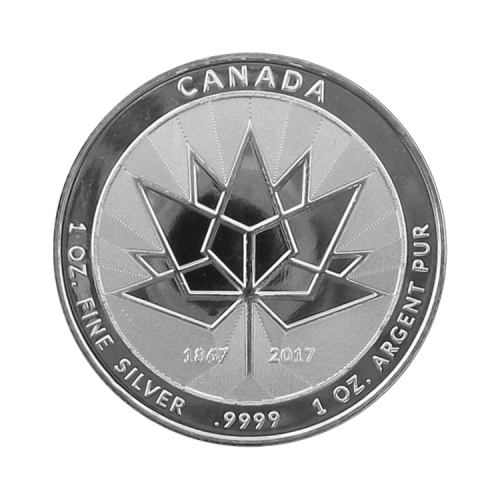 1 troy ounce zilveren 150 jaar Maple Leaf munt voorkant
