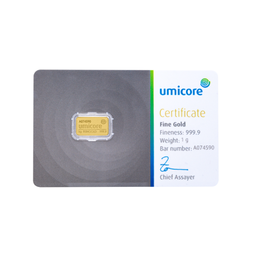 Umicore 1 gram goudbaar met certificaat voorkant