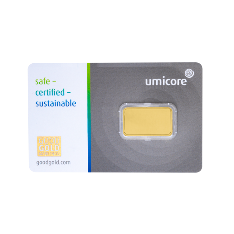 Umicore 2,5 gram goudbaar met certificaat achterkant