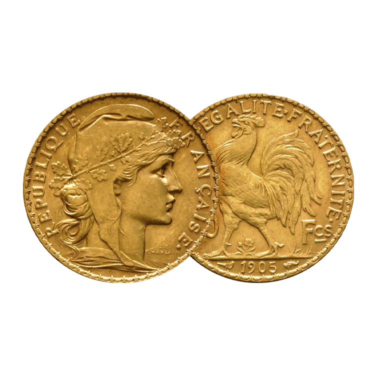 Gouden 20 Franc Marianne en de Haan - diverse jaargangen perspectief 1