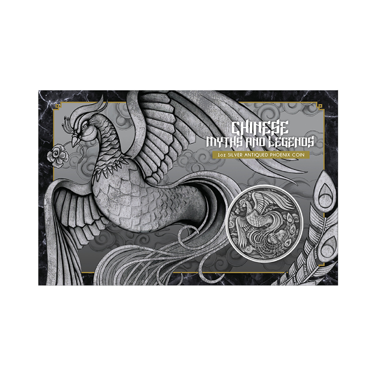 1 troy ounce zilveren munt Chinese Myths and Legends kaartversie - Phoenix 2023 antieke afwerking perspectief 3
