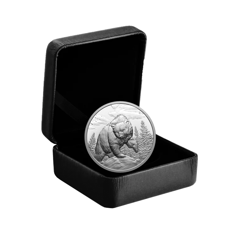 1 troy ounce zilveren munt Goede Jagers - Grizzly beer 2023 Proof perspectief 2