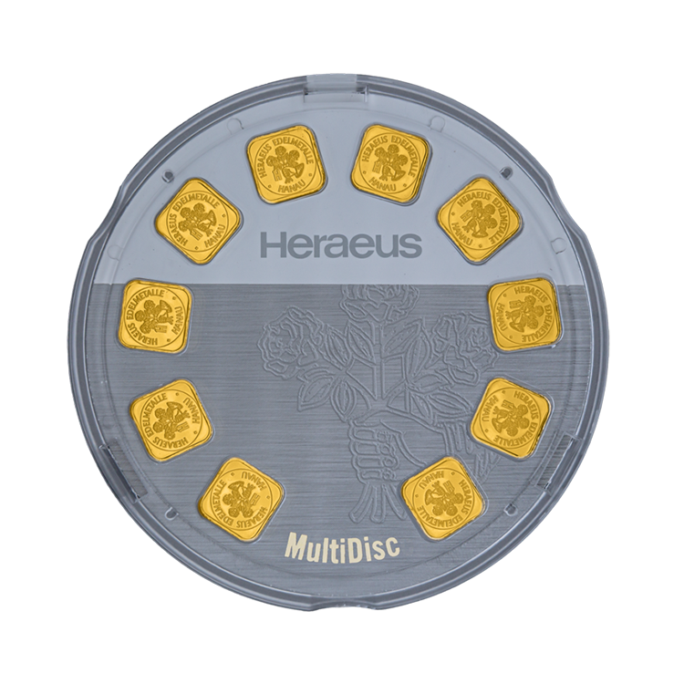 10x 1 gram goudbaren Heraeus MultiDisk voorkant