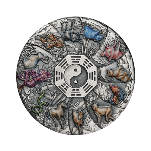 5 troy ounce zilveren munt de twaalf Lunar dieren 2023 Antieke afwerking voorkant