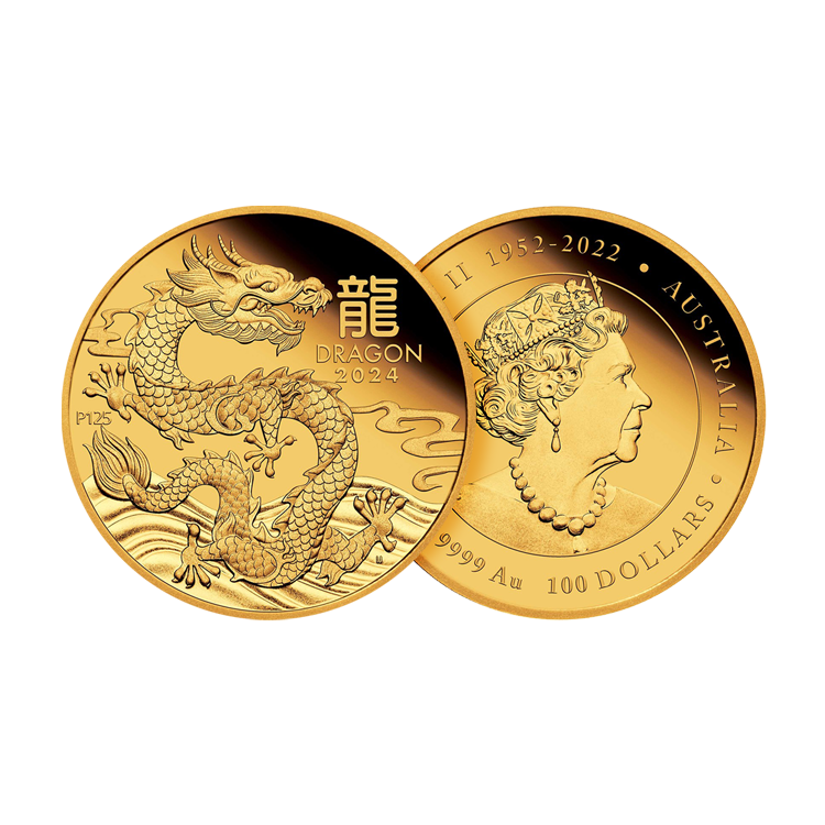 1 troy ounce gold coin Lunar 2024 proof angle 1