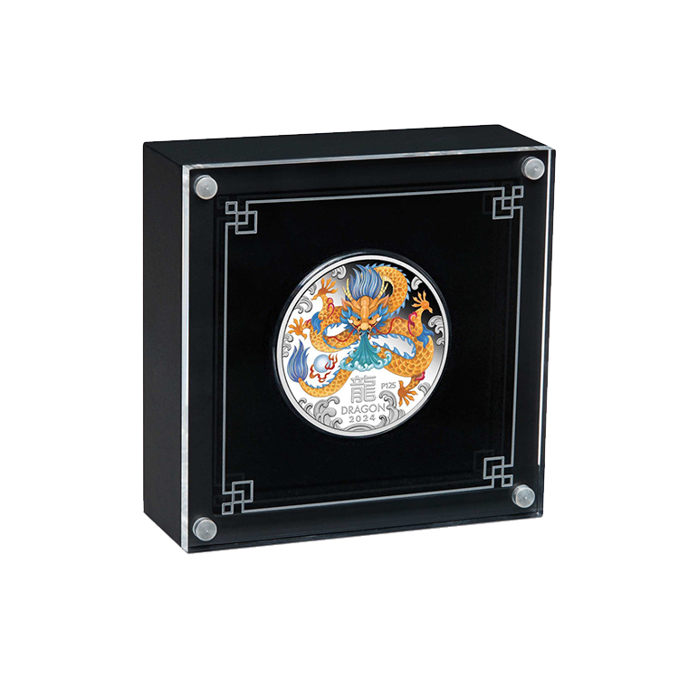 1 troy ounce zilveren munt Lunar 2024 gekleurd proof perspectief 2
