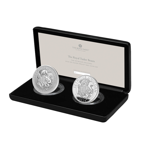 2-delige set zilveren munten Tudor Beasts Seymour Unicorn 2024 Proof voorkant